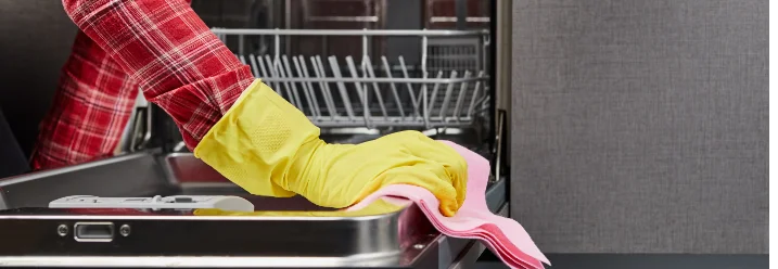 Person reinigt Spülmaschine